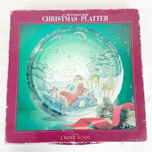 Vintage Grandeur Noel Painted Glass Santa Reindeer Round Christmas Platter 14”